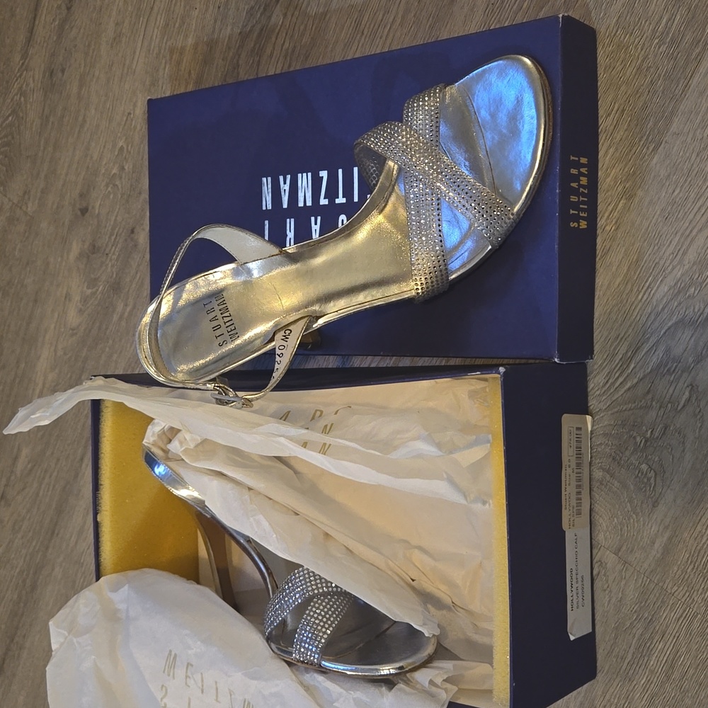 Stuart Weitzman, silver, strappy heels, rhinestone, Hollywood, size 8